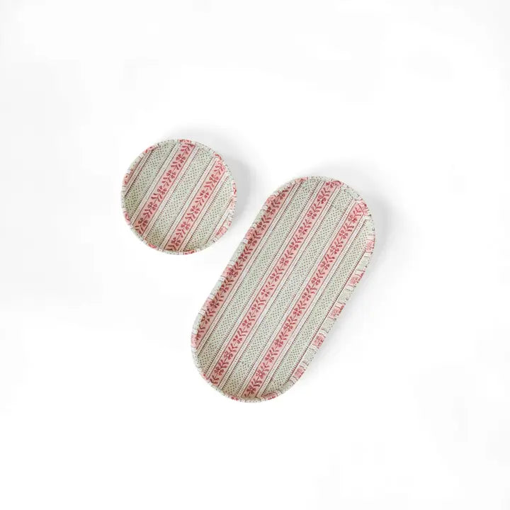 Craftboat Block-Printed Round Desk Tray Set 'Mint-Rose Rhea'
