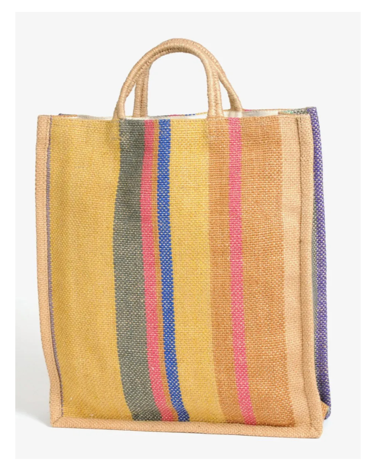 Jute Tote Bag with short handles bright stripes