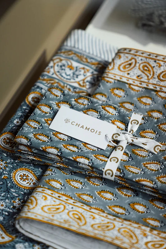 Napkins with Botanique Cypress print in Blue & Ochre by Chamois