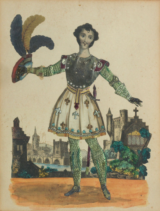 Victorian tinsel print, Knight holding feather hat, circa 1850
