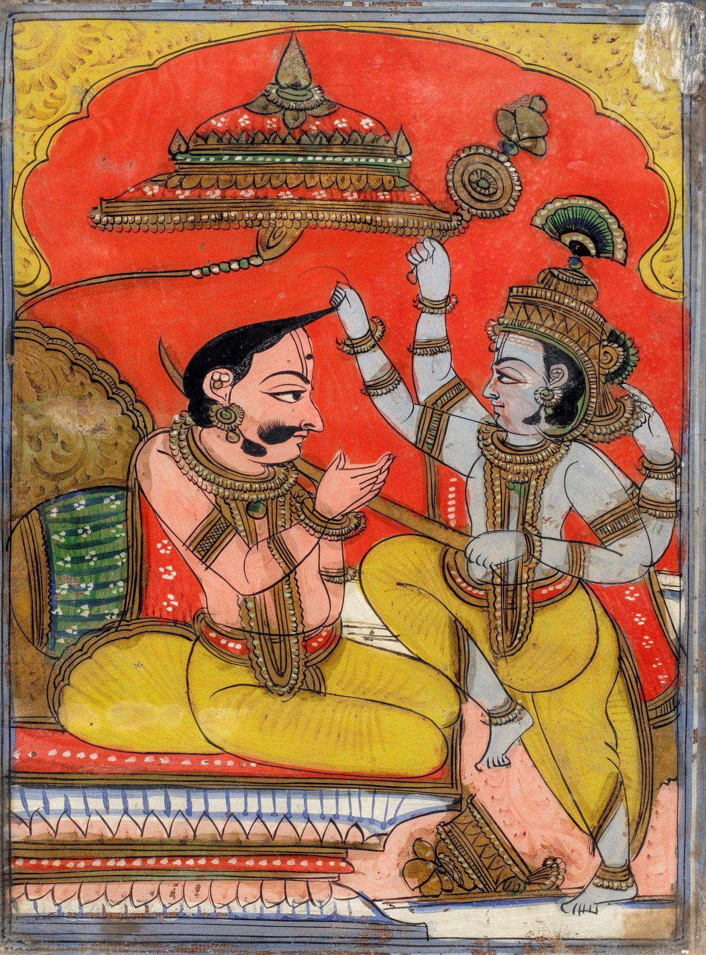'Krishna Killing Khansa', reverse glass painting, South India, circa late 19th - early 20th Century