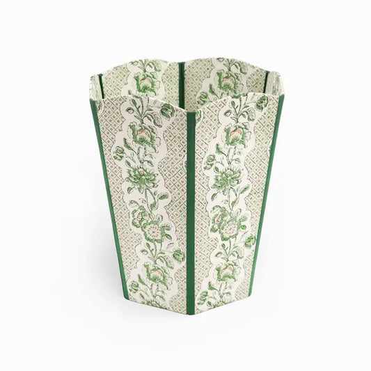 Craftboat Block-Printed Scalloped Basket 'Green Blooming Trellis'