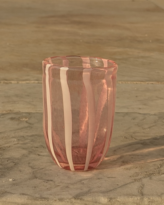 Stripey glass tumbler in white and pink