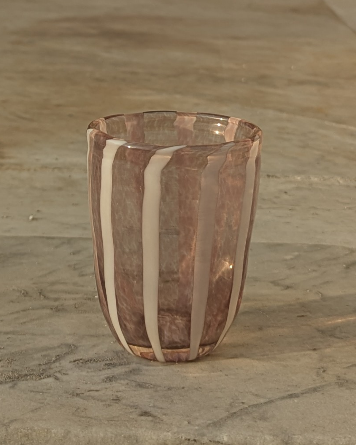 Stripey glass tumbler in white and amethyst