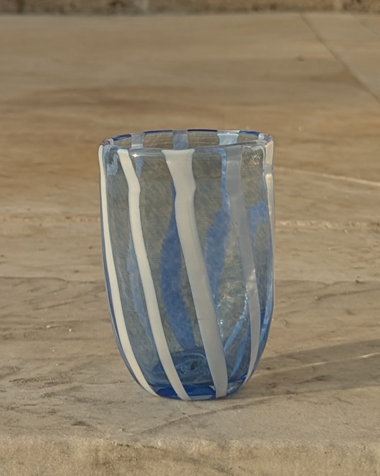 Stripey glass tumbler in white and sky blue