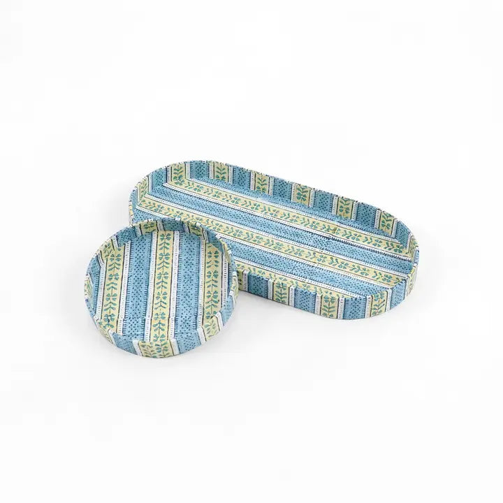 Craftboat Block Printed Desk Tray Set 'Blue Floral Stripe'