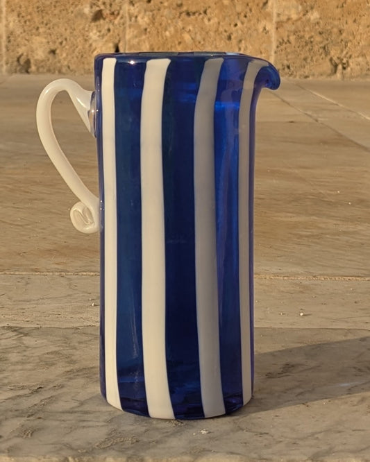 Stripey glass jug in white and navy