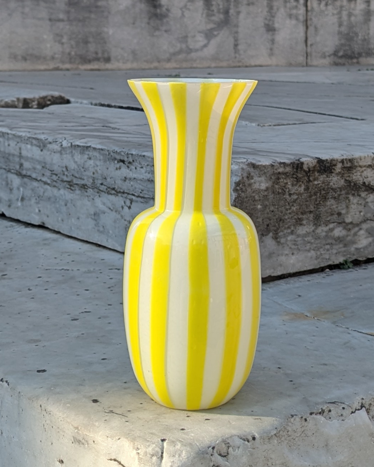 Stripey glass vase in yellow and white