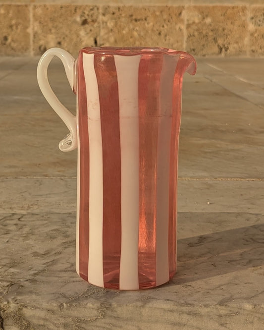 Stripey glass jug in white and pink