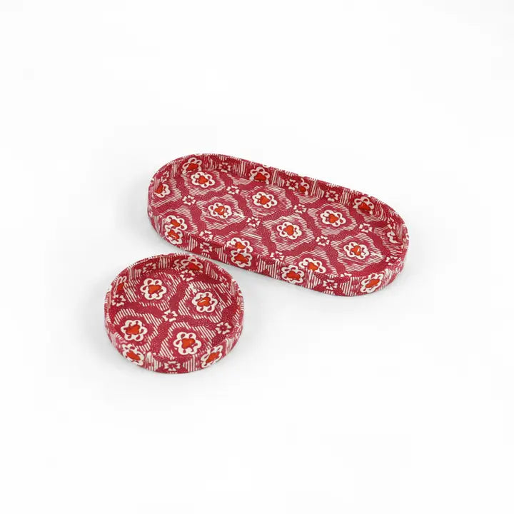 Printed Round Desk Tray Set 'Red Vintage Vines'