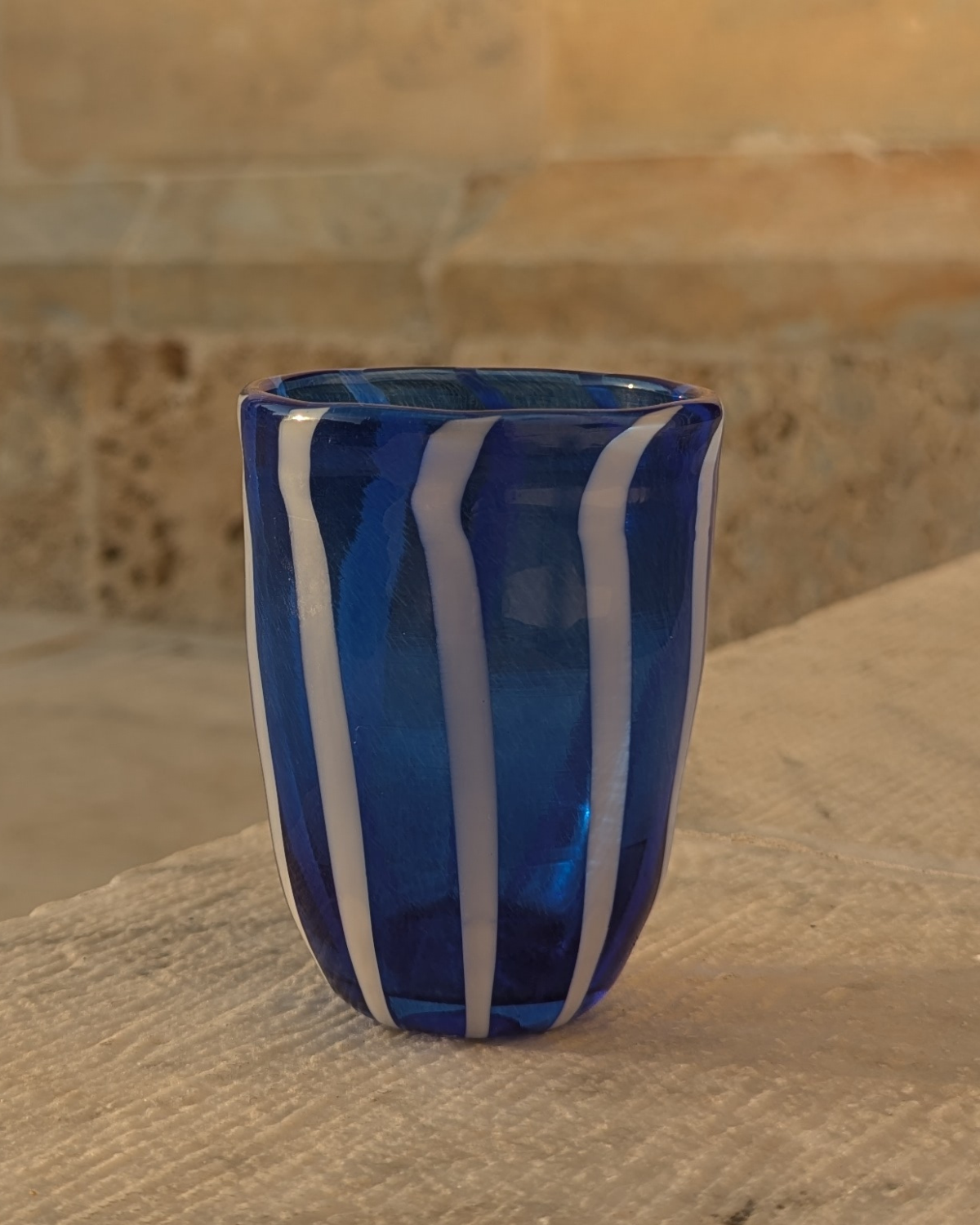 Stripey glass tumbler in white and navy
