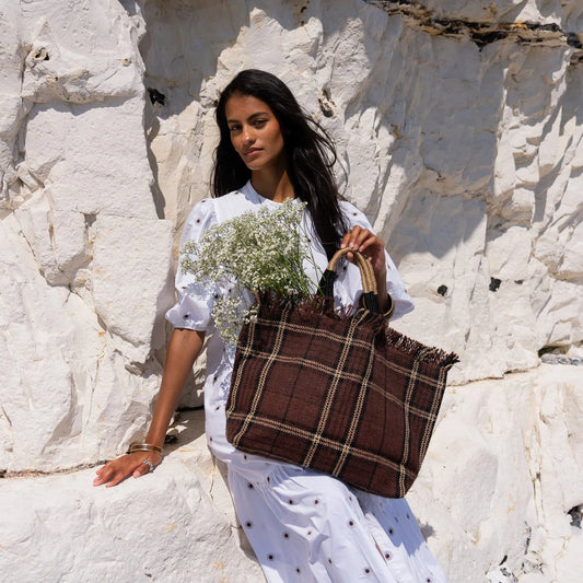 Jute Fringed Shopping Bag tartan