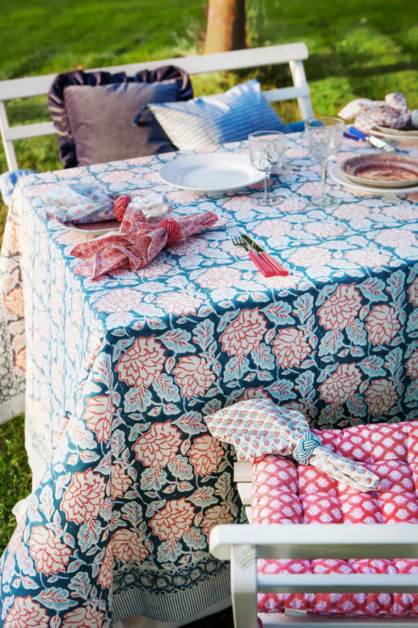 Tablecloth with Dahlia print in Blue & Red by Chamois