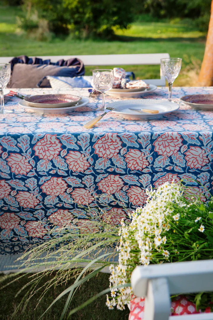 Tablecloth with Dahlia print in Blue & Red by Chamois
