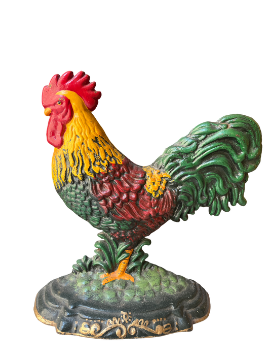 Fermaporta vintage a forma di gallo in ghisa