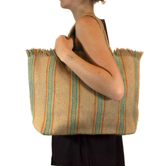 Jute Fringed Shopping Bag natural / green and orange