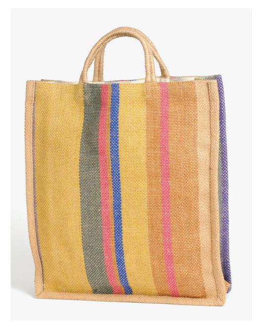 Jute Tote Bag with short handles bright stripes