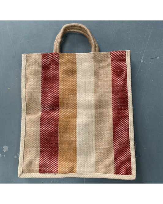 Jute tote bag with short handles earth stripes