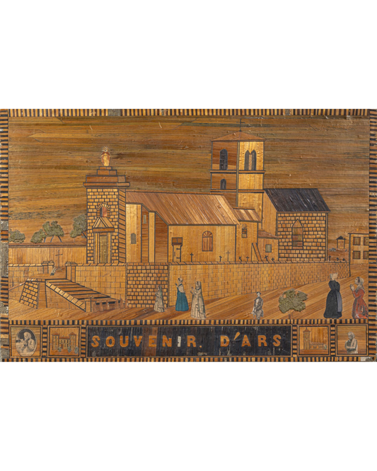 'Souvenir D'Ars', French straw marquetry panel, 19th Century