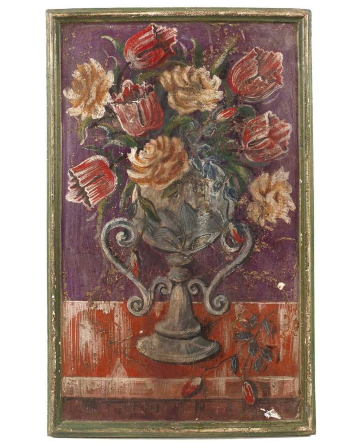 Pannello in legno e gesso decorato in stile 'Bauernmalerei' (pittura popolare tedesca) con motivi floreali, XIX secolo.