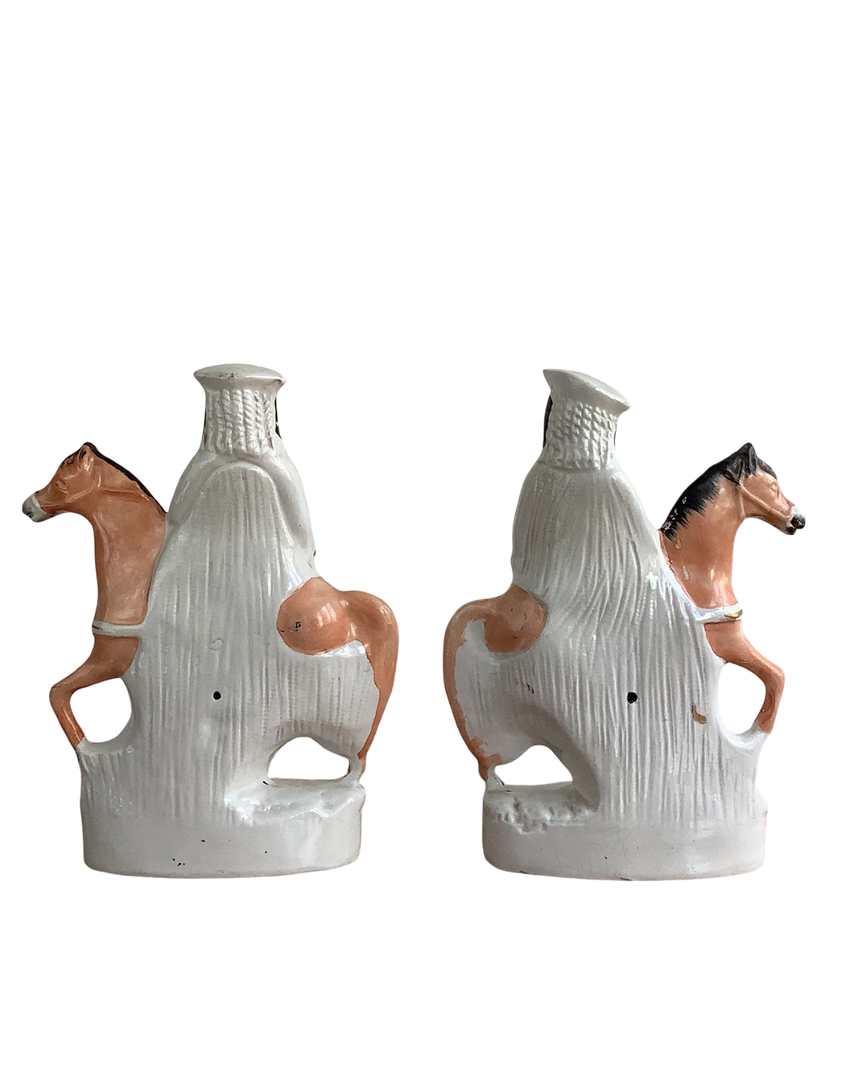 Coppia di statuette in ceramica dello Staffordshire raffiguranti Dick Turpin e Tom King, circa 1850