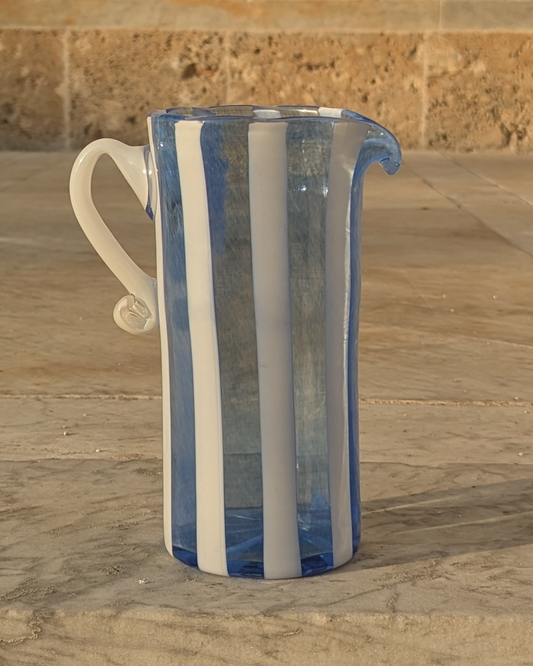 Stripey glass jug in white and sky blue