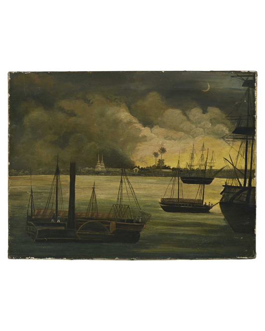 "Veduta del porto di Rangoon", olio su tela, XIX secolo, stile arte popolare
