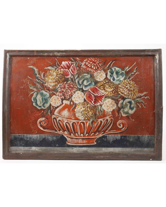 Pannello in legno e gesso decorato in stile 'Bauernmalerei' (pittura popolare tedesca) con motivi floreali, XIX secolo.