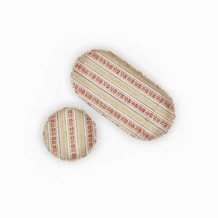 Craftboat Block Printed Round Desk Tray Set 'Ochre Floral Stripe'