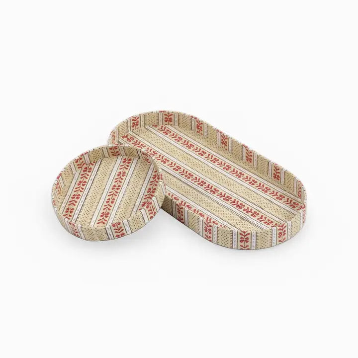 Craftboat Block Printed Round Desk Tray Set 'Ochre Floral Stripe'