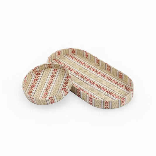 Craftboat Block Printed Round Desk Tray Set 'Ochre Floral Stripe'