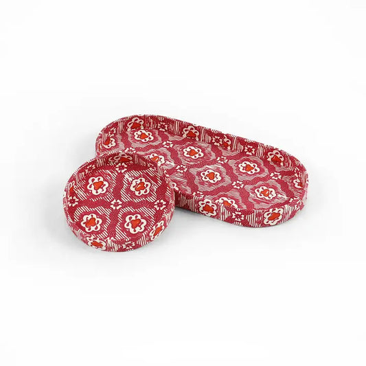 Printed Round Desk Tray Set 'Red Vintage Vines'