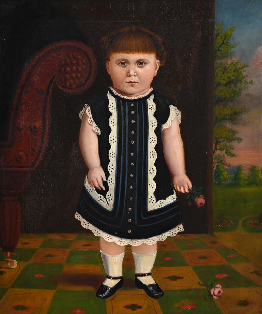 'Portrait Of A Girl Holding A Rose', oil on canvas, Anglo-American Primitive School, 19th Century