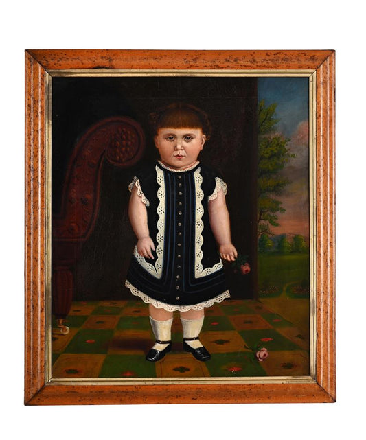 'Portrait Of A Girl Holding A Rose', oil on canvas, Anglo-American Primitive School, 19th Century