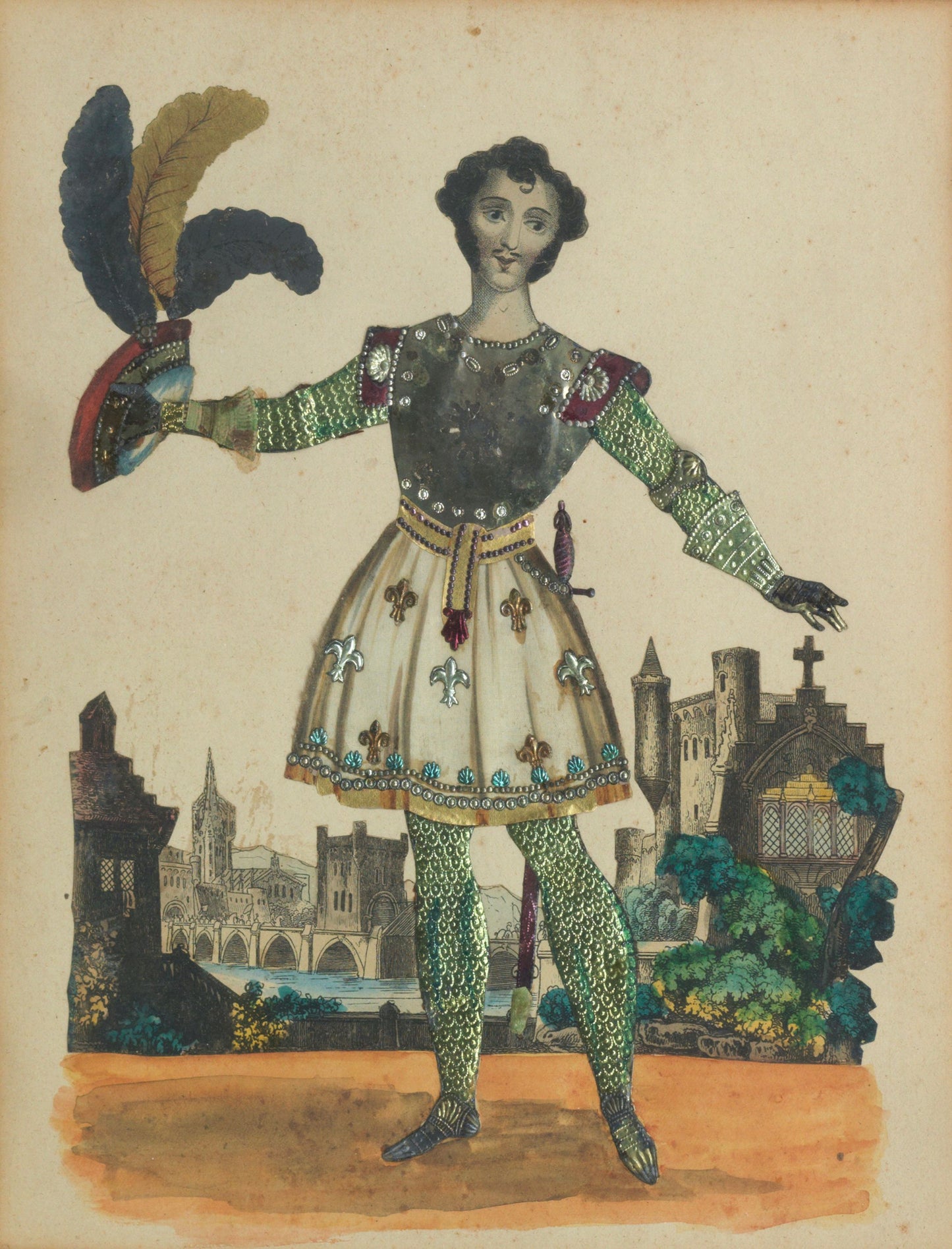 Victorian tinsel print, Knight holding feather hat, circa 1850