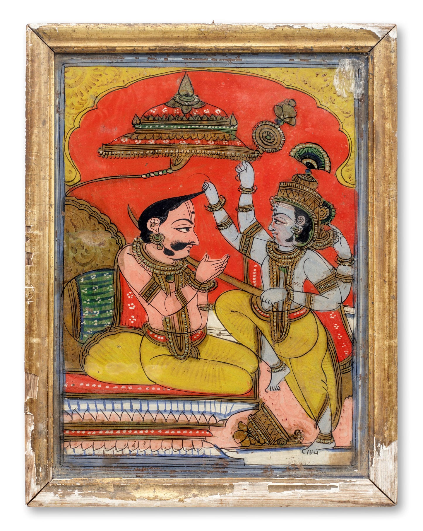 'Krishna Killing Khansa', reverse glass painting, South India, circa late 19th - early 20th Century