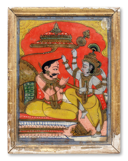 'Krishna Killing Khansa', reverse glass painting, South India, circa late 19th - early 20th Century