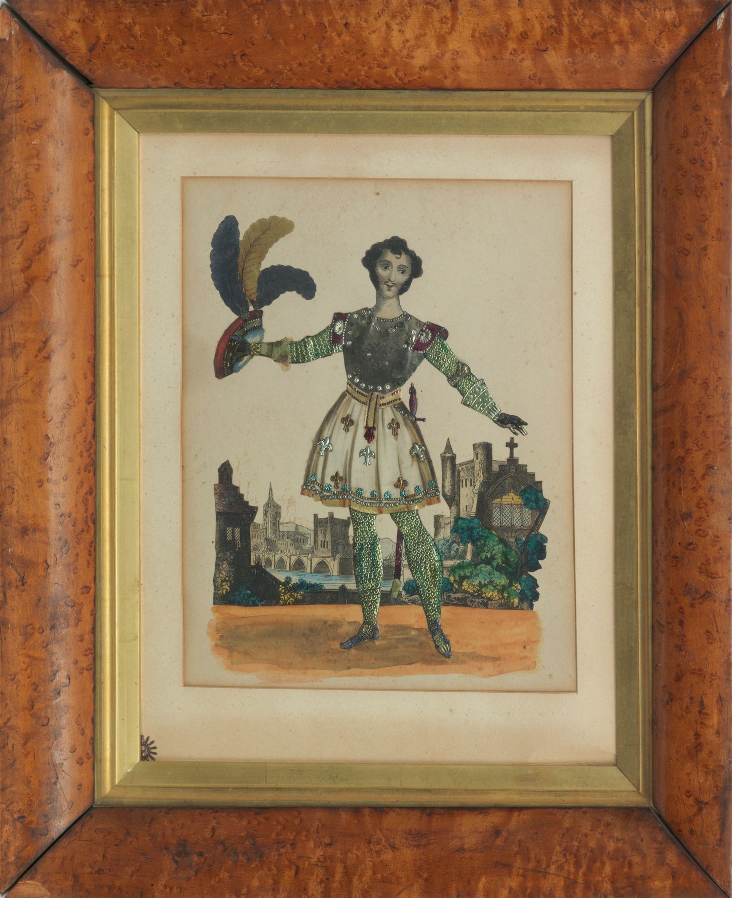 Victorian tinsel print, Knight holding feather hat, circa 1850
