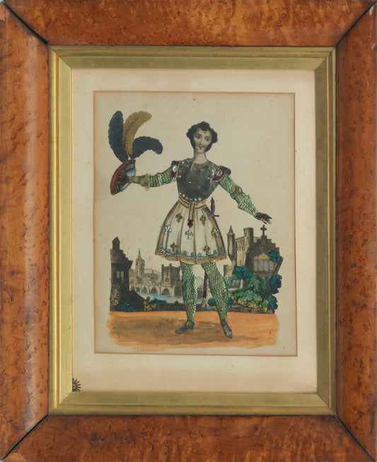 Victorian tinsel print, Knight holding feather hat, circa 1850