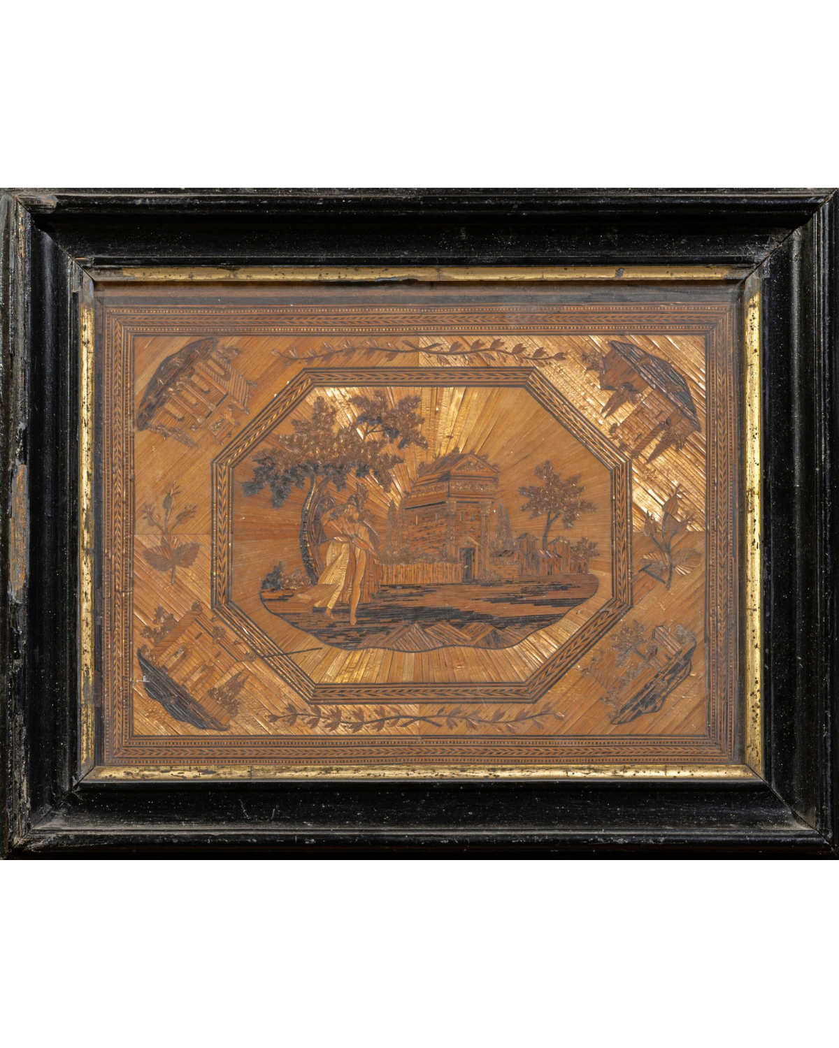 'Classical Scene Outside A Temple', French Straw Marquetry Panel, 19th Century