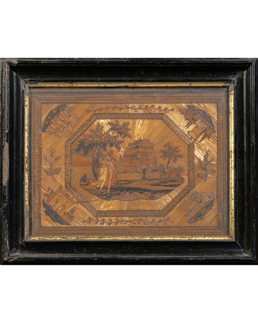 'Classical Scene Outside A Temple', French Straw Marquetry Panel, 19th Century