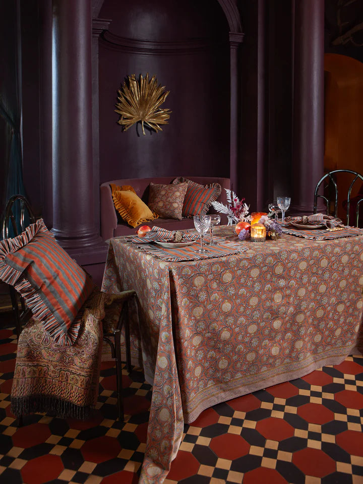 Tangier Pomegranate tablecloth in Rusty Red & Grey by Chamois