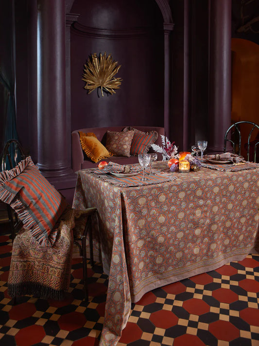 Tangier Pomegranate tablecloth in Rusty Red & Grey by Chamois